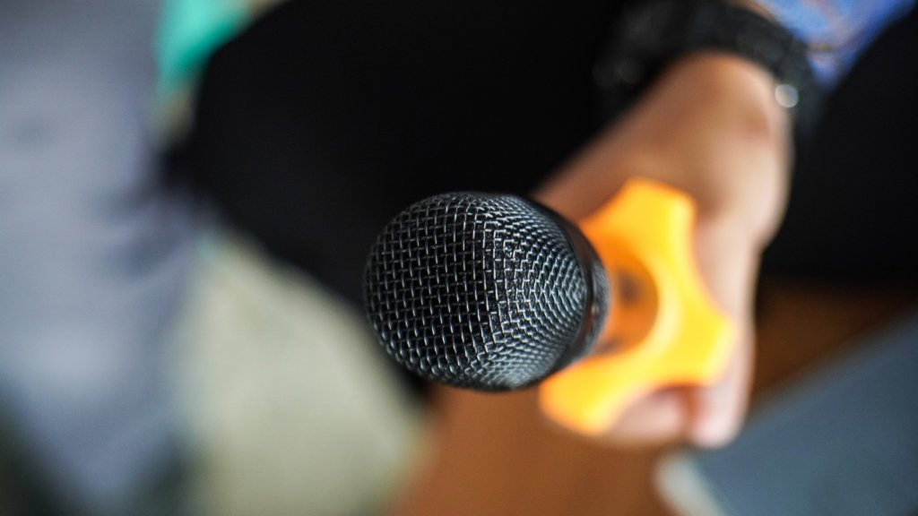 A person holding a microphone in their hand.